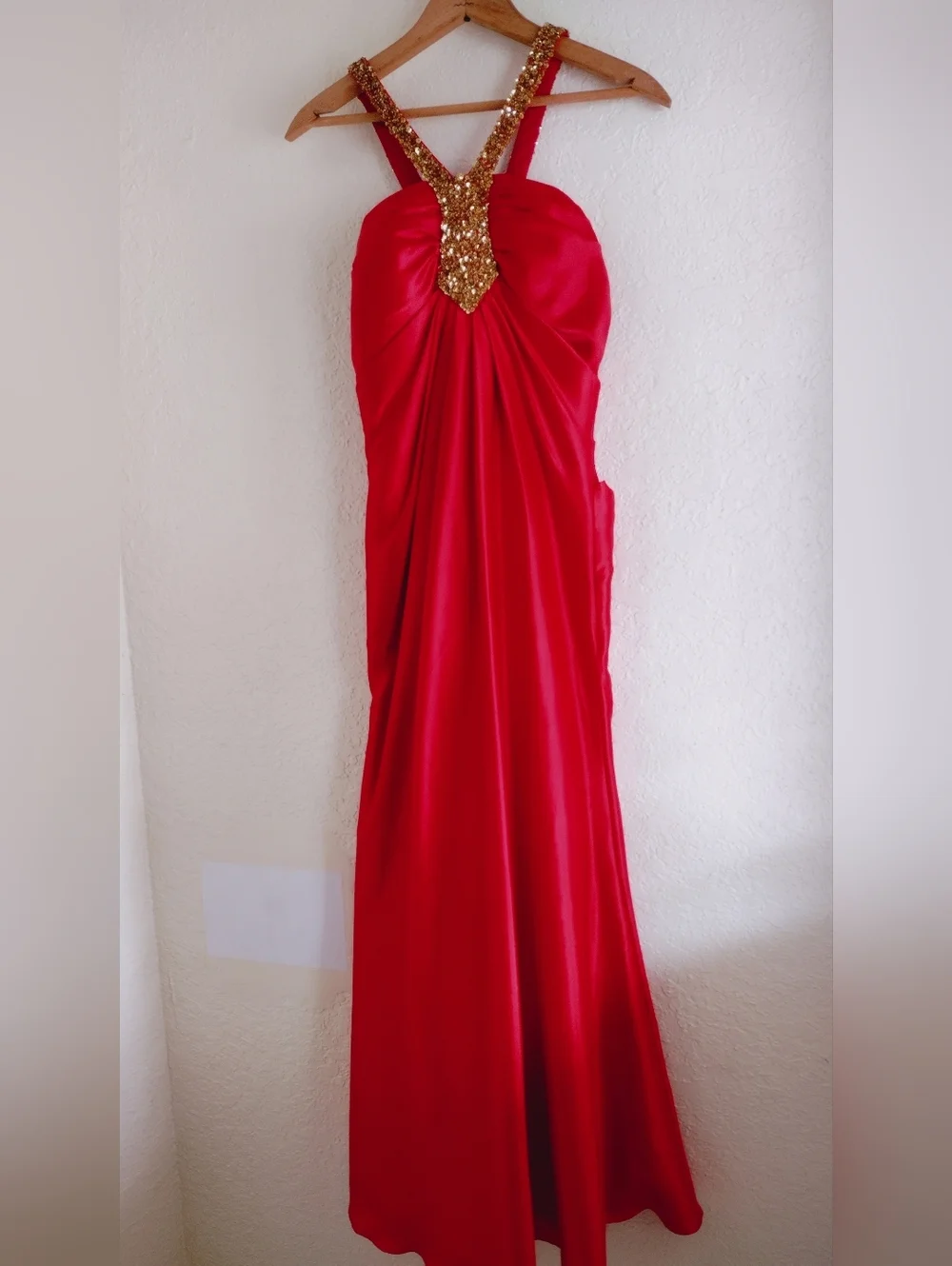 Red Satin Evening Dress with Gold Beaded Straps